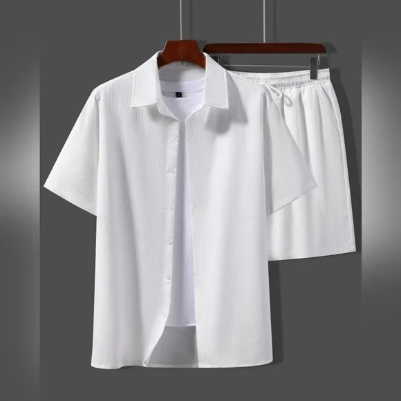 Shein Manfinity Basics Men Solid Shirt & Drawstring Waist Shorts Size L UK 40 - Picture 5 of 5